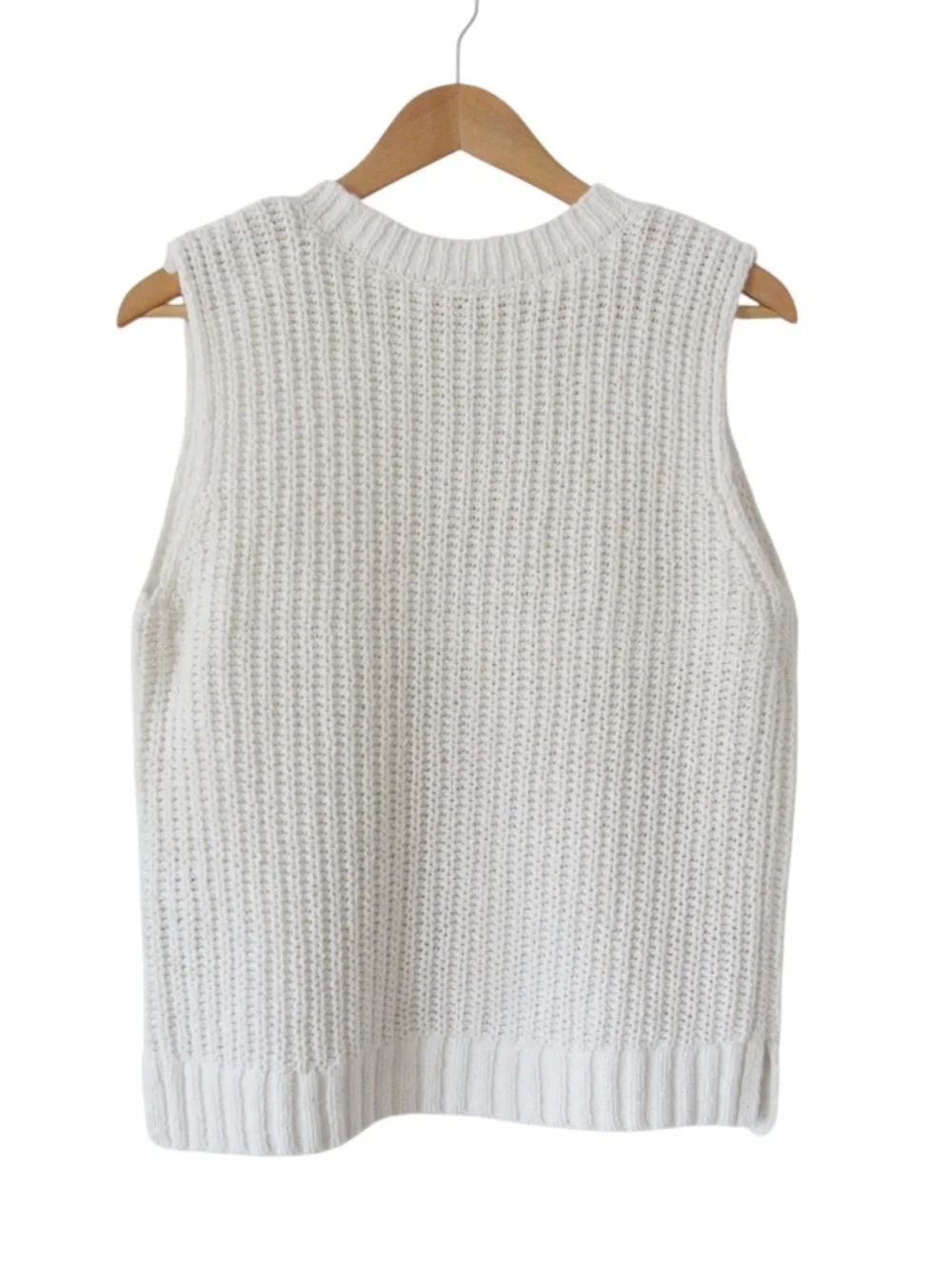 Abercrombie Fitch Easy Shaker Sweater Tank Large White Chunky Knit Ribbed Trim - Picture 2 of 9